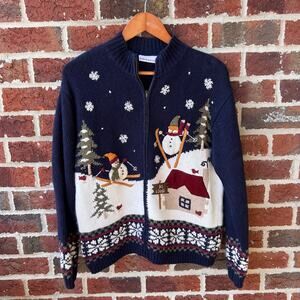Croft & Barrow Skiing Snowmen Cardigan Sweater Size Medium